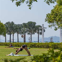 The open lawn provides a venue for a variety of outdoor activities including yoga.